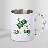 Чашка металева з принтом "Мене Інтересує тільки кеш" 300 мл з карабіном, біла, фото 3