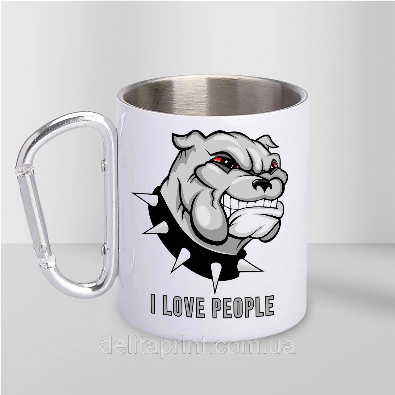 Чашка металева з принтом "I Love People" 300 мл з карабіном, біла, фото 1