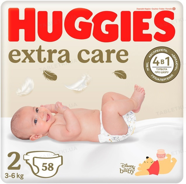Підгузки дитячі Huggies Extra Care розмір 2 (3-6кг) Jumbo 58 шт
