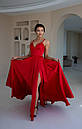 Вечірня червона атласна сукня довга з розрізом і пишною спідницею, фото 2
