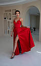 Вечірня червона атласна сукня довга з розрізом і пишною спідницею, фото 6