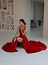 Вечірня червона атласна сукня довга з розрізом і пишною спідницею, фото 8