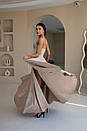 Вечірня бежева атласна сукня довга з розрізом і пишною спідницею, фото 8
