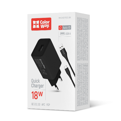 Зарядний пристрій мережевий USB + кабель Type-C 3,0A QC 18W чорний ColorWay CW-CHS013QCC-BK, фото 1