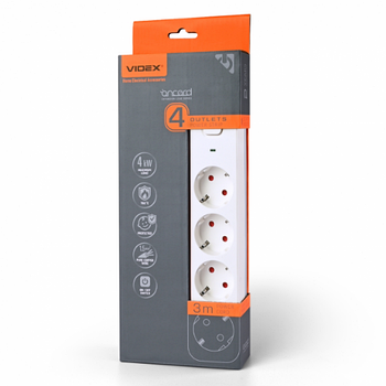 Мережевий подовжувач із заземленням 4 розетки 3м з кнопкою білий VF-PD43G-W Oncord Videx