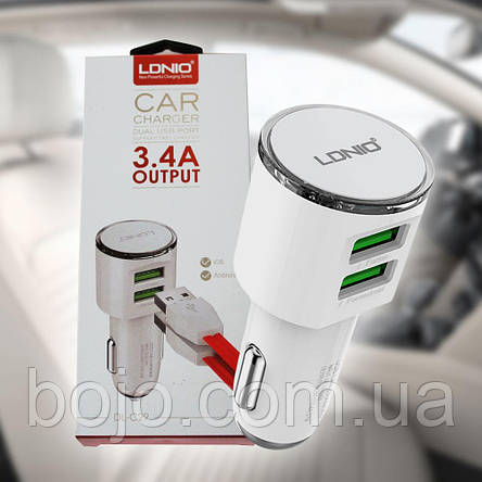 Автомобільний USB адаптер LDNIO 2USB 3.4A + шнур Lightning White DL-C29, фото 1