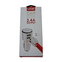 Автомобільний USB адаптер LDNIO 2USB 3.4A + шнур Lightning White DL-C29, фото 6