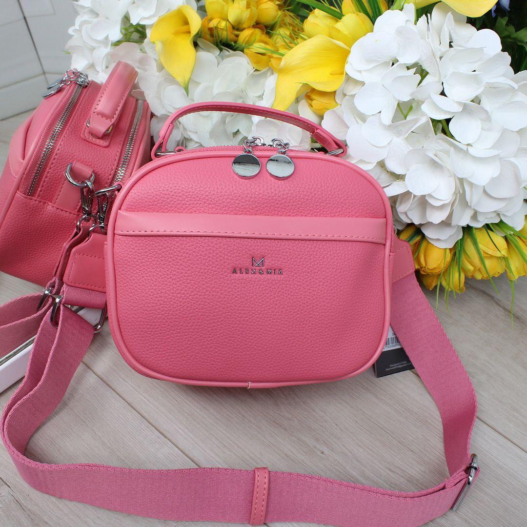 Маленька жіноча сумка сумочка на широкому ремені рожева екошкіра, фото 1