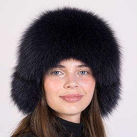 Жіноча хутряна шапка ушанка з хутра песця з помпоном на трикотажній основі "Зимушка"
