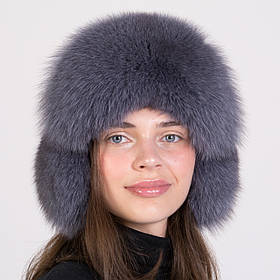 Жіноча хутряна шапка ушанка з хутра песця з помпоном на трикотажній основі "Зимушка" Блакитно-сірий