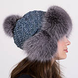 Жіноча хутряна шапка ушанка з хутра песця з помпоном на трикотажній основі "Зимушка" Мелірований, фото 3