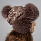 Жіноча хутряна шапка ушанка з хутра песця з помпоном на трикотажній основі "Зимушка" Шоколад, фото 3