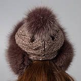 Жіноча хутряна шапка ушанка з хутра песця з помпоном на трикотажній основі "Зимушка" Шоколад, фото 4