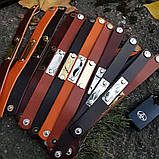 **Широкий браслет з шкіри, різана пластина з нержавіючої сталі, з гравіюванням будь-якого тексту, переставна застібка, фото 3