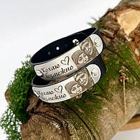 Широкий браслет з шкіри, вирізана пластина з нержавіючої сталі, з фотогравіюванням, знімна застібка для коханої.