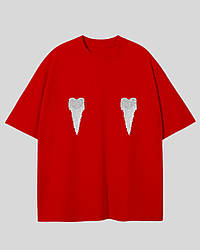 Бавовняна футболка оверсайз червона з сердечками в стрази