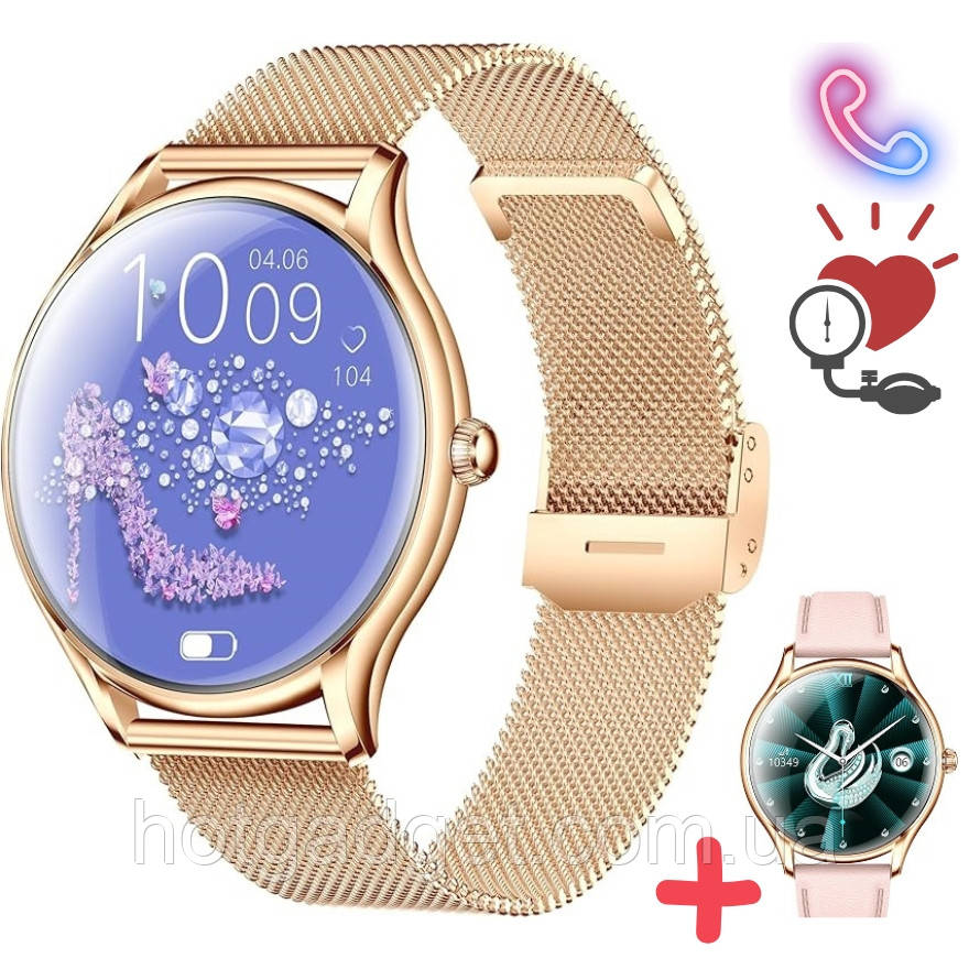 Смарт-годинник жіночий VALDUS VL55 Pro Gold (розмова, тонометр, пульсоксиметр) Amoled екран, 2 ремінці