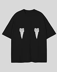 Бавовняна футболка оверсайз чорна з сердечками в стрази