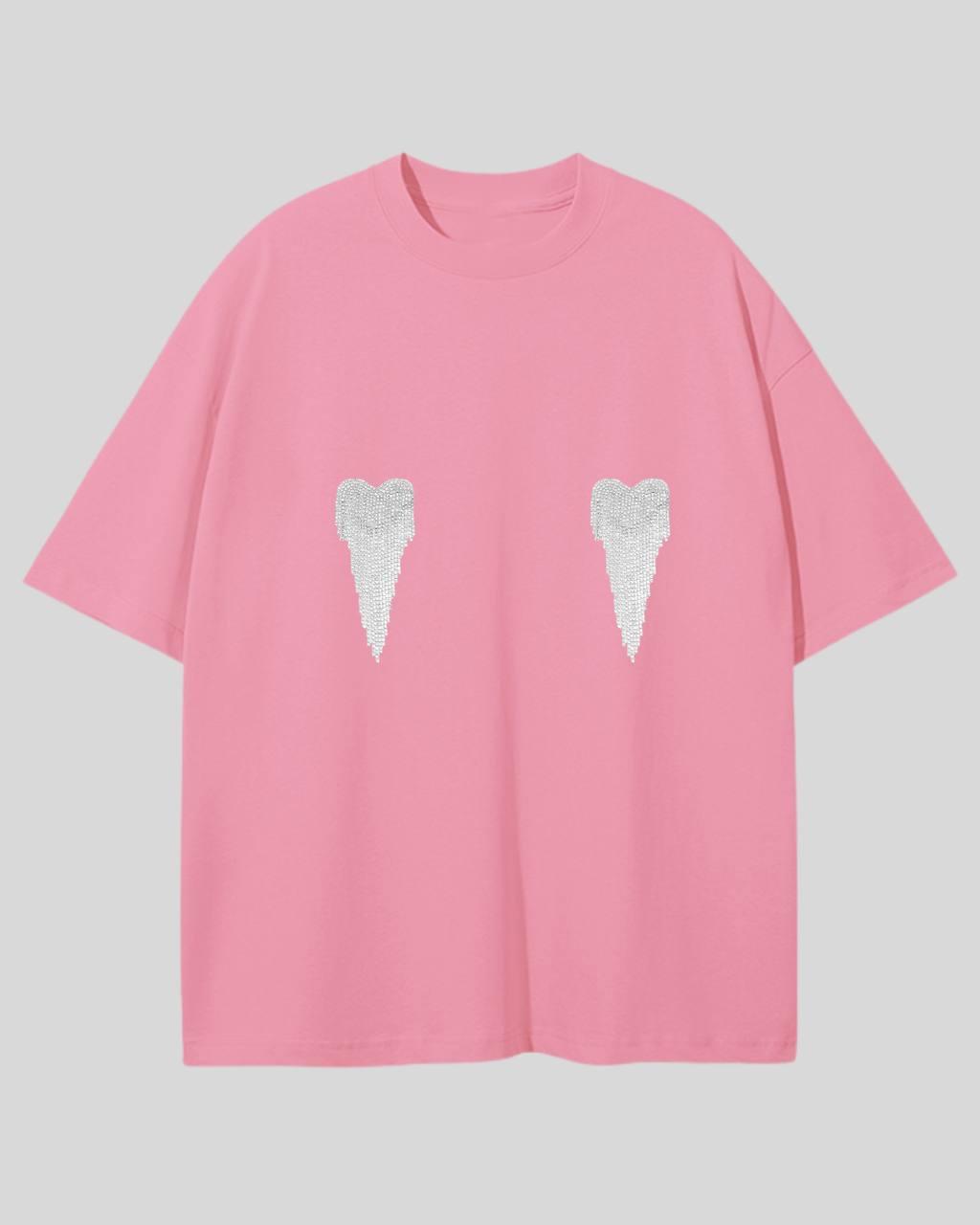 Бавовняна футболка оверсайз рожева баблгам з сердечками в стрази, фото 1