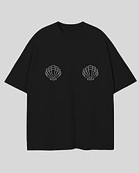 Бавовняна футболка оверсайз чорна з мушлями в стрази