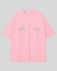 Бавовняна футболка оверсайз світло-рожева з мушлями в стрази