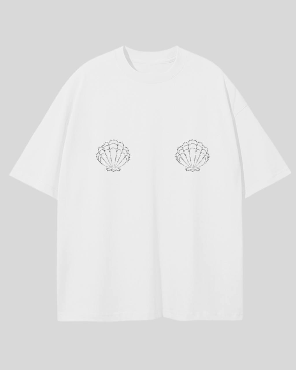 Бавовняна футболка оверсайз біла з мушлями в стрази, фото 1