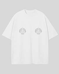 Бавовняна футболка оверсайз біла з мушлями в стрази