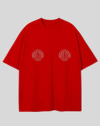 Бавовняна футболка оверсайз червона з мушлями в стрази