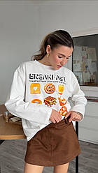 Бавовняна футболка-лонгслів оверсайз біла з принтом Breakfast