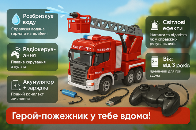 Радіокерований пожежний кран "Fire Rescue" – вода, світло, звук 666-191A Детальніше: https://plushevo.com.ua/ua/p1164575046-radioupravlyaemyj-pozharnyj-kran.html
