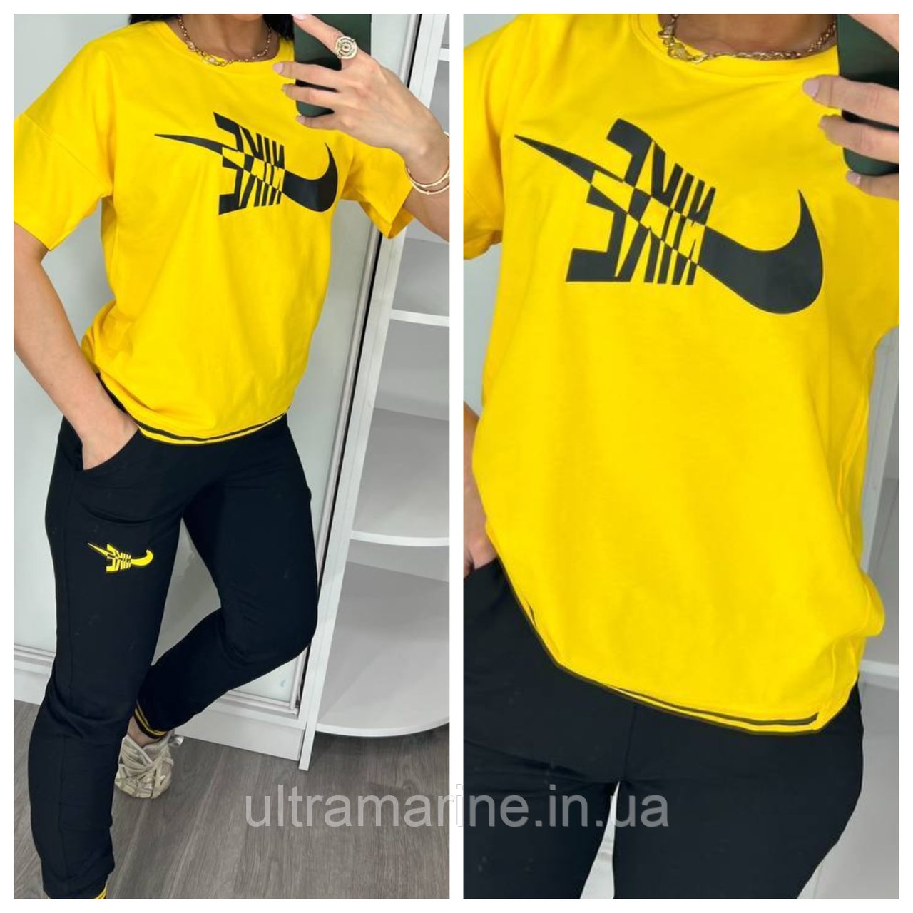 Літній жіночий костюм Nike жовтий (трикотаж двунитка Туреччина)