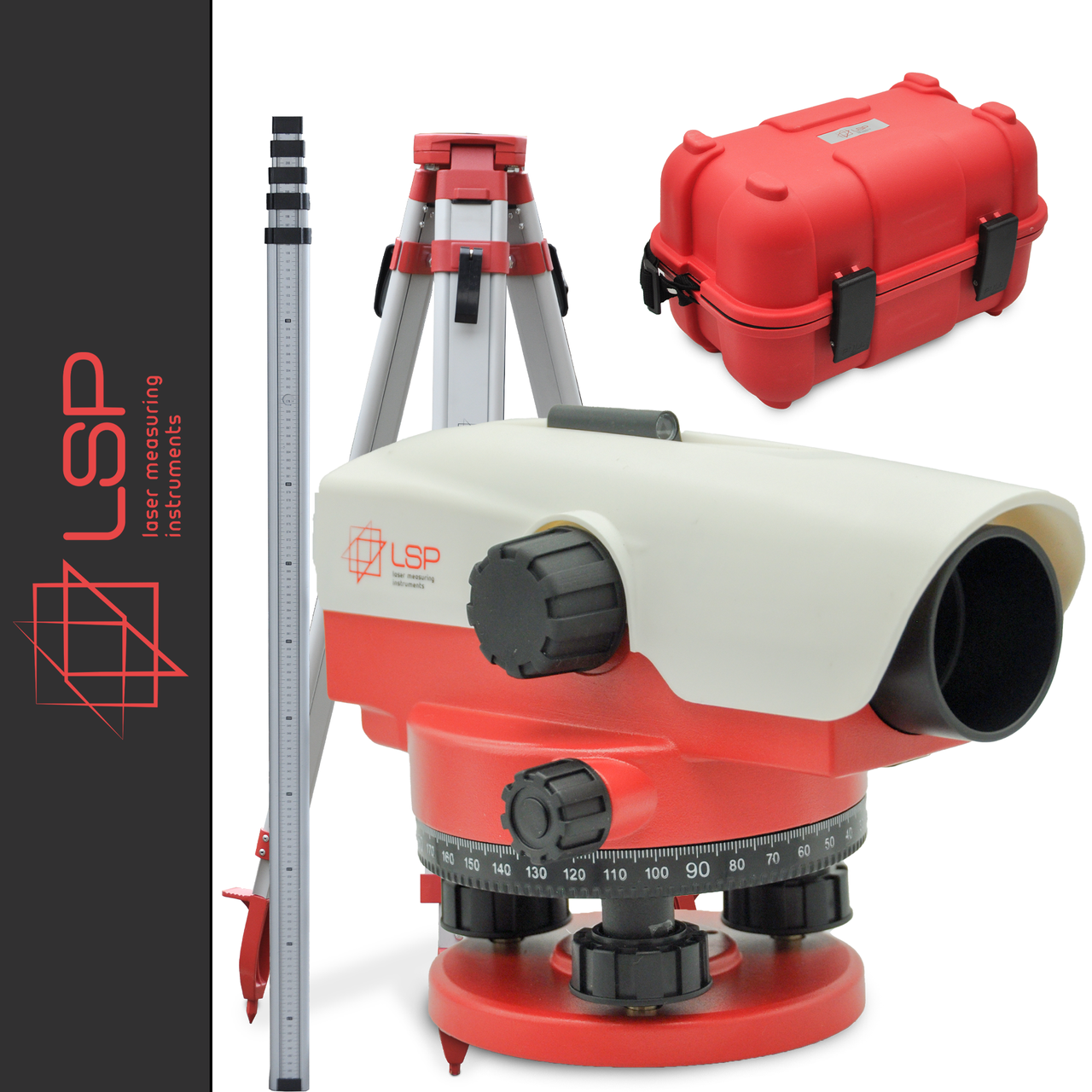 Оптичний професійний нівелір LSP LX-32 L Pro до 150 м з фіксатором компенсатора, штативом та рейкою 5 м – точні вимірювання на вел, фото 1