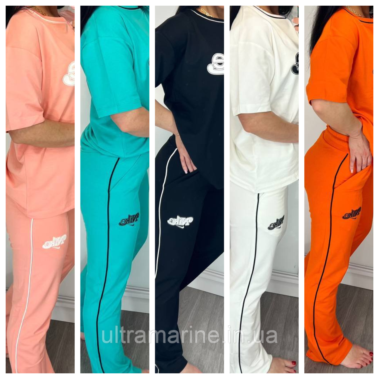 Літній жіночий костюм Nike з футболкою чорний/білий помаранчевий/кораловий/бірюзовий (трикотаж двунитка Туреччина), фото 1