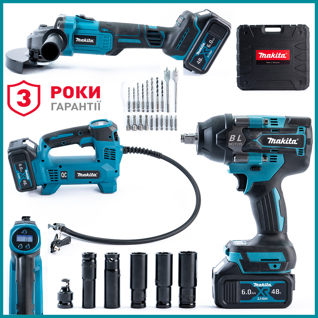 Безщітковий акумуляторний набір Makita 3в1 (48 V 6 Ah) Гайковерт TW001GD+Болгарка DGA554ZL+Компресор DMP180 bs