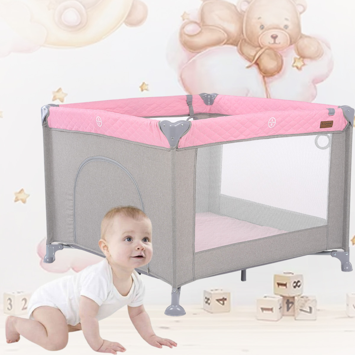 Дитячий квадратний ігровий манеж із входом на блискавки та кільцями El Camino ME 1097 Pink Gray рожевий, фото 1