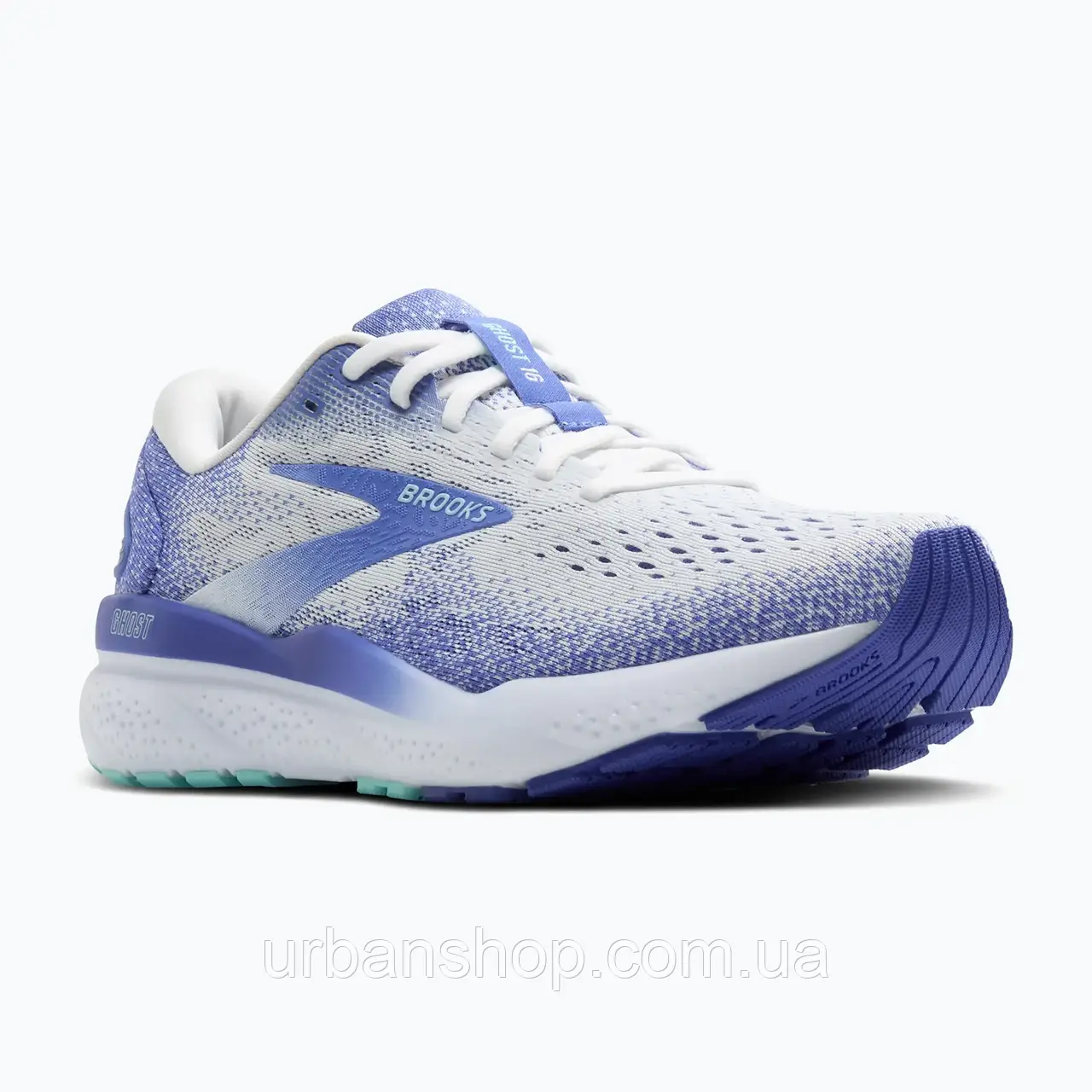 Urbanshop com ua Жіночі бігові кросівки Brooks Ghost 16 білий/синій ампаро/кожана оболонка РОЗМІРИ ЗАПИТУЙТЕ