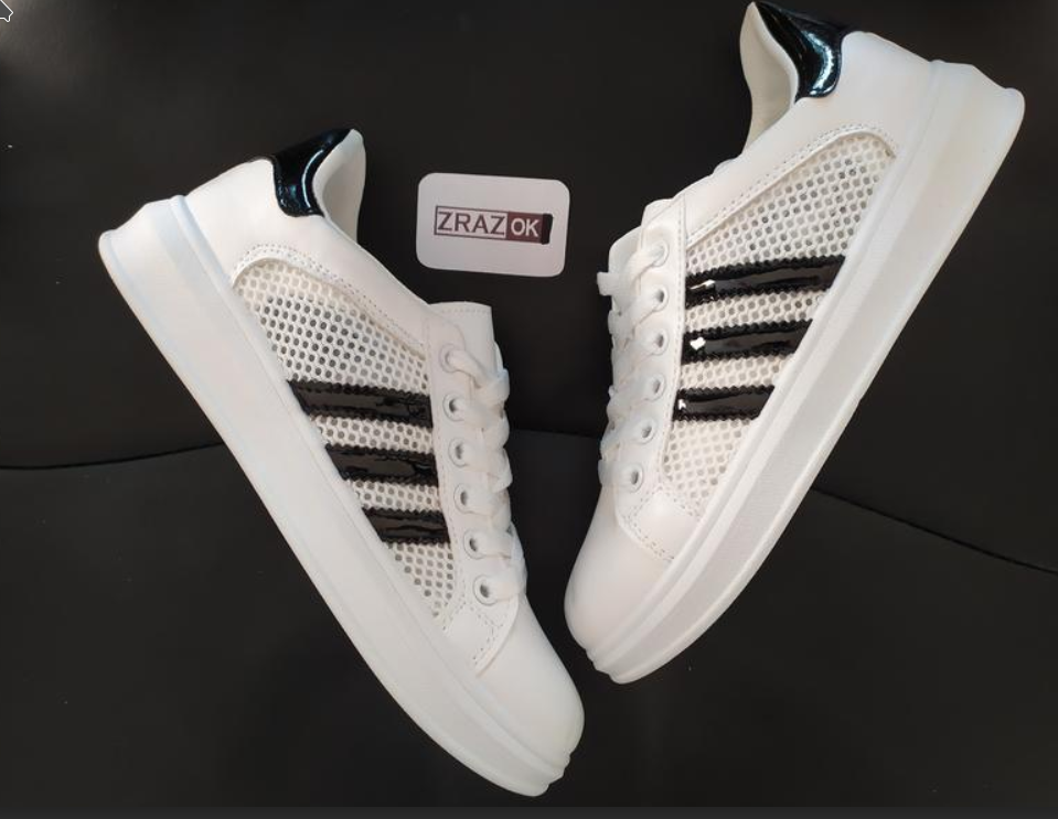 Кеды кроссовки белые экокожа сеточка с черными полосками и пяточкой летние на шнурках женские ды