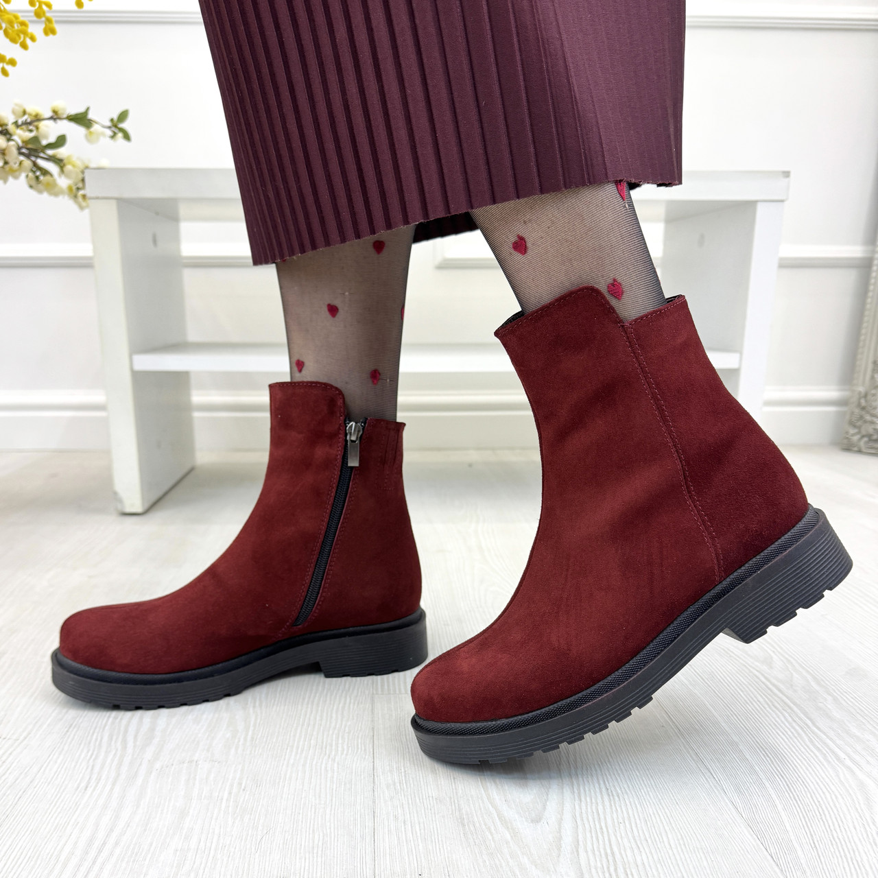 Черевики бордові замшеві на потовщеній підошві, фото 1