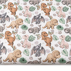 Бязь "Сірі та коричневі динозаврики, пальмове листя і квіти", №5525