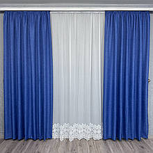 Комплект готових штор для спальні, дитячої, вітальні льон-мішковина Синій