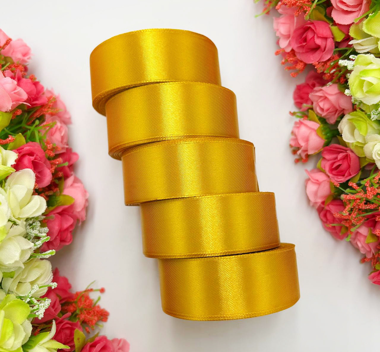 Атласна стрічка для рукоділля - 2,5 см x 23 м (опт, 5 рулонів) / Золотий, фото 1