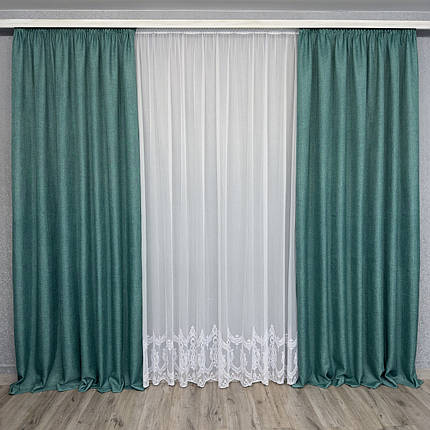 Комплект готових штор для спальні, дитячої, вітальні льон-мішковина Бірюза, фото 1