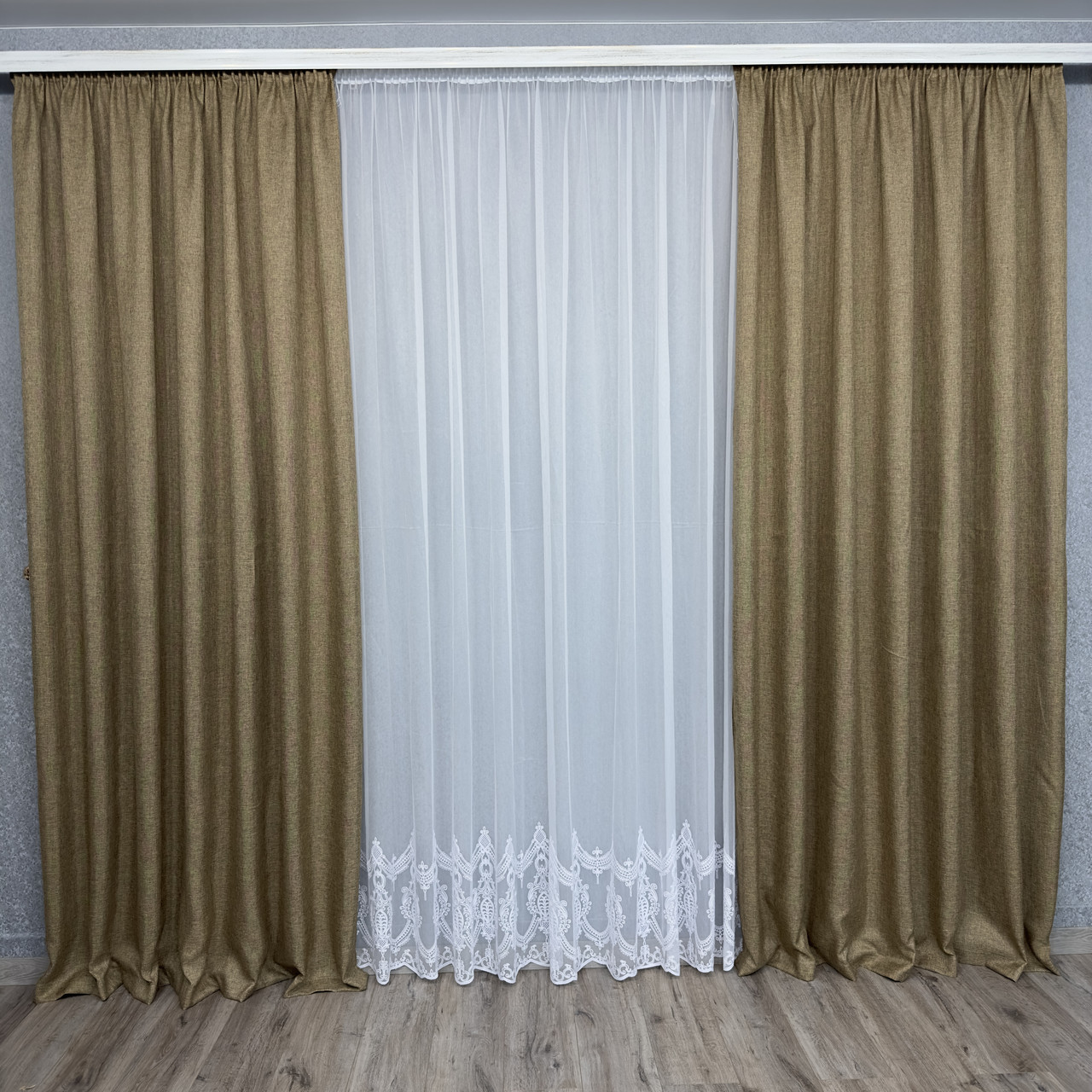 Комплект готових штор для спальні, дитячої, вітальні льон-мішковина Золотисто-коричневий