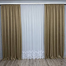 Комплект готових штор для спальні, дитячої, вітальні льон-мішковина Золотисто-коричневий