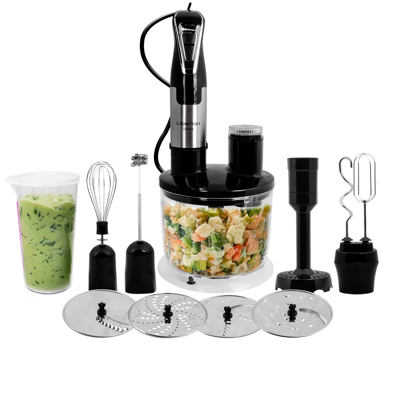 Блендер Liberton LHB-0312, 1200 Вт, турборежим, насадок 12 шт, колір чорний+нерж, фото 1