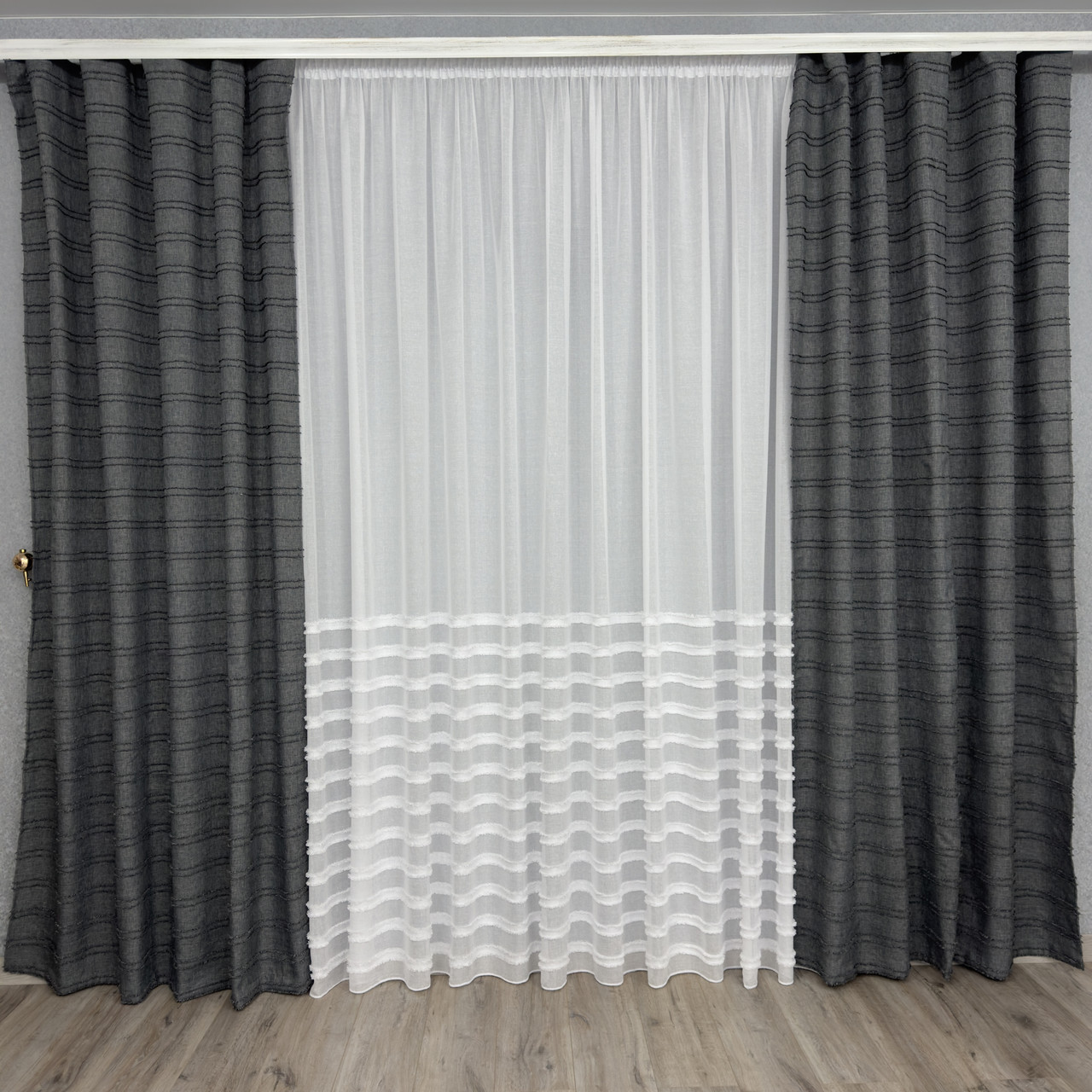 Комплект готових штор для спальні, дитячої, вітальні льон Букле графіт