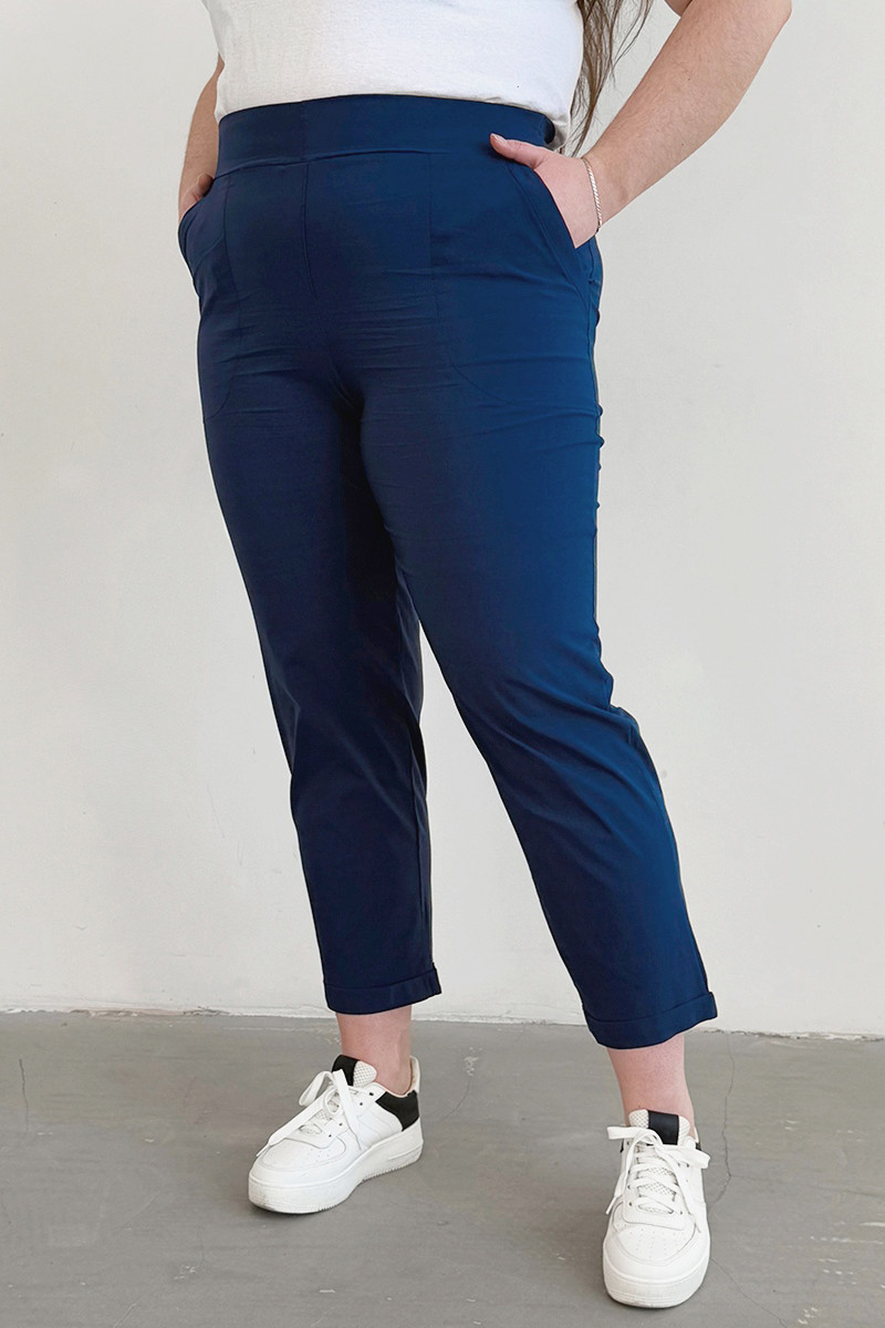 Жіночі штани батал стрейч літні великих розмірів 52-66 без застібок темно-сині