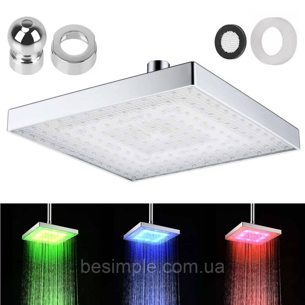 Світлодіодна насадка для душу з LED підсвічуванням, квадратна TV000919 / Душова насадка 7 кольорів підсвічування, фото 1