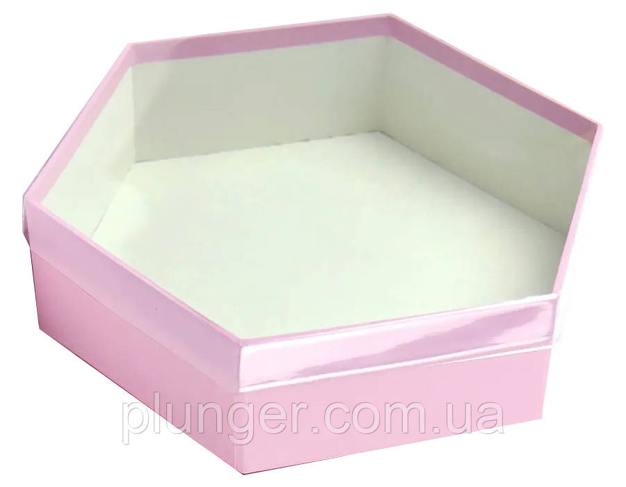 Коробка шестигранна 25*22*6 см з прозорою кришкою Рожева