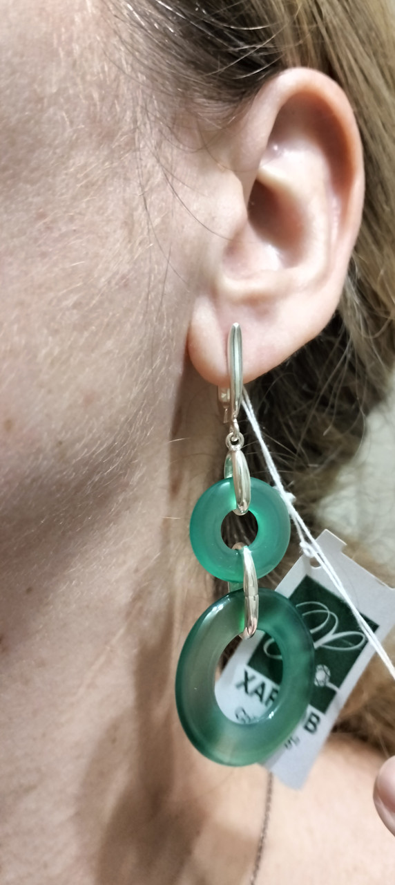 Срібні сережки-підвіски із зеленим агатом, фото 1